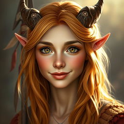 A headshot of a female Autumn Eladrin, featuring warm autumnal colors in her hair and skin that reflect the hues of fall leaves, such as oranges, yellows, and reds