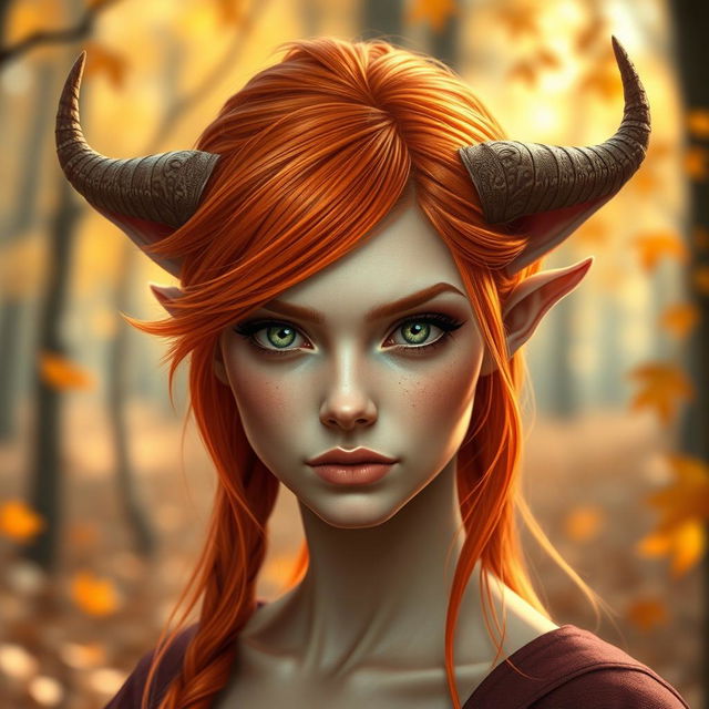 A headshot of a female Autumn Eladrin, with fiery orange and red hair that reflects the colors of autumn leaves