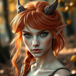 A headshot of a female Autumn Eladrin, with fiery orange and red hair that reflects the colors of autumn leaves