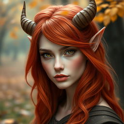 A headshot of a female Autumn Eladrin, with fiery orange and red hair that reflects the colors of autumn leaves