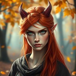 A headshot of a female Autumn Eladrin, with fiery orange and red hair that reflects the colors of autumn leaves