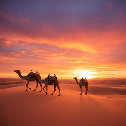 A stunning desert scene featuring several camels gracefully moving across the sand dunes