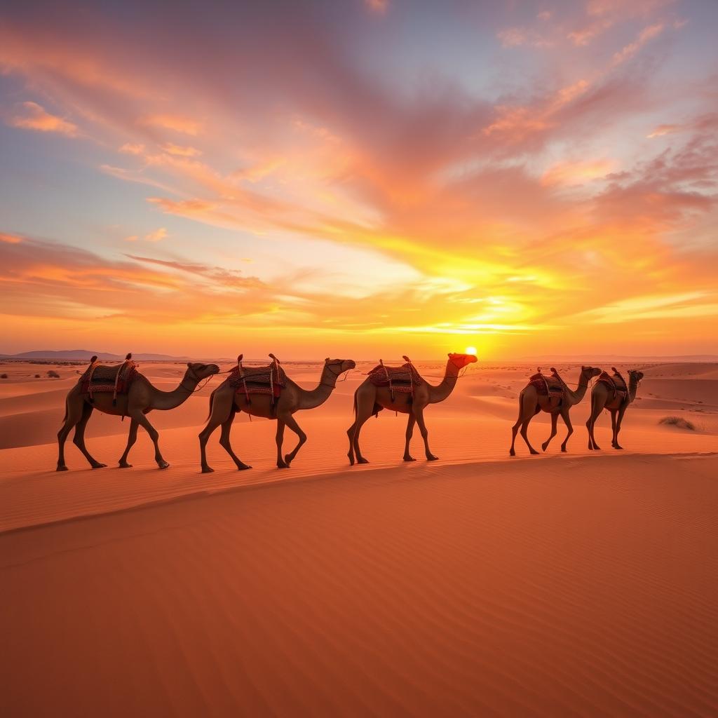 A stunning desert scene featuring several camels gracefully moving across the sand dunes