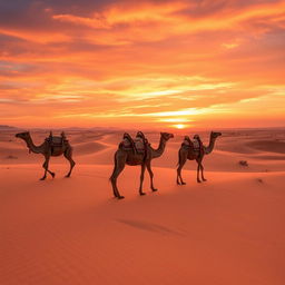 A stunning desert scene featuring several camels gracefully moving across the sand dunes
