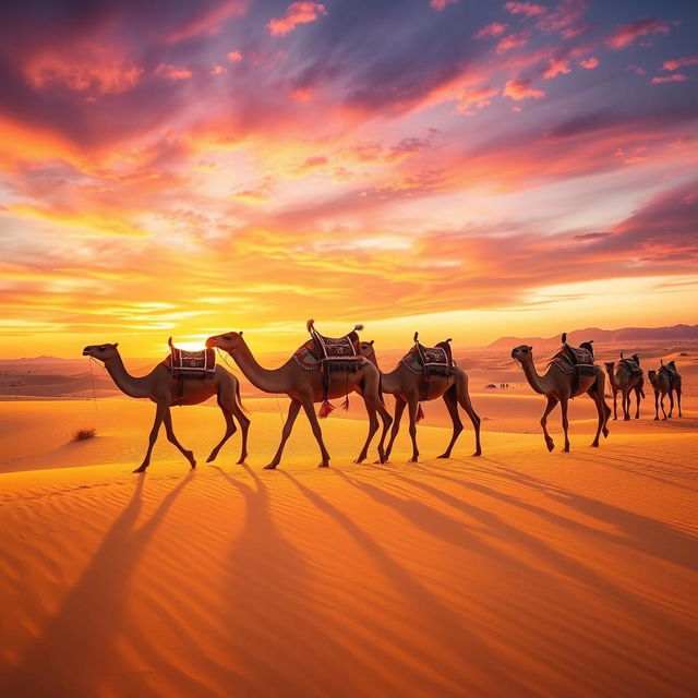 A stunning desert scene featuring several camels gracefully moving across the sand dunes