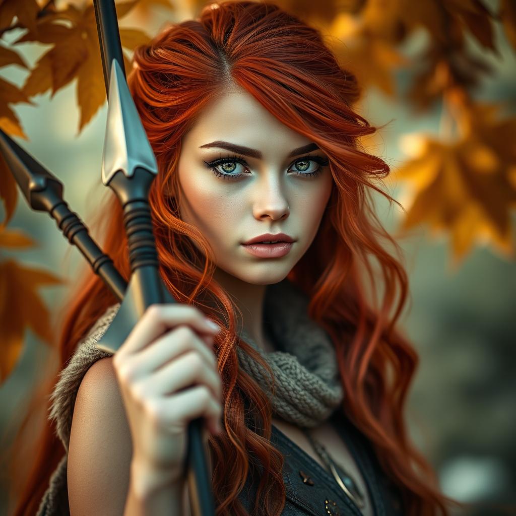 A breathtaking headshot of a female Autumn Eladrin, featuring vibrant autumn colors in her hair with fiery reds and oranges, captivating green eyes, and a serene expression