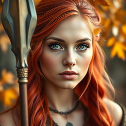 A breathtaking headshot of a female Autumn Eladrin, featuring vibrant autumn colors in her hair with fiery reds and oranges, captivating green eyes, and a serene expression
