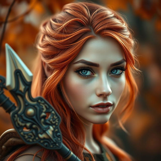 A breathtaking headshot of a female Autumn Eladrin, featuring vibrant autumn colors in her hair with fiery reds and oranges, captivating green eyes, and a serene expression