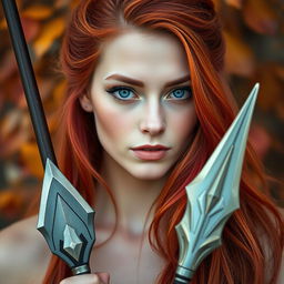 A breathtaking headshot of a female Autumn Eladrin, featuring vibrant autumn colors in her hair with fiery reds and oranges, captivating green eyes, and a serene expression
