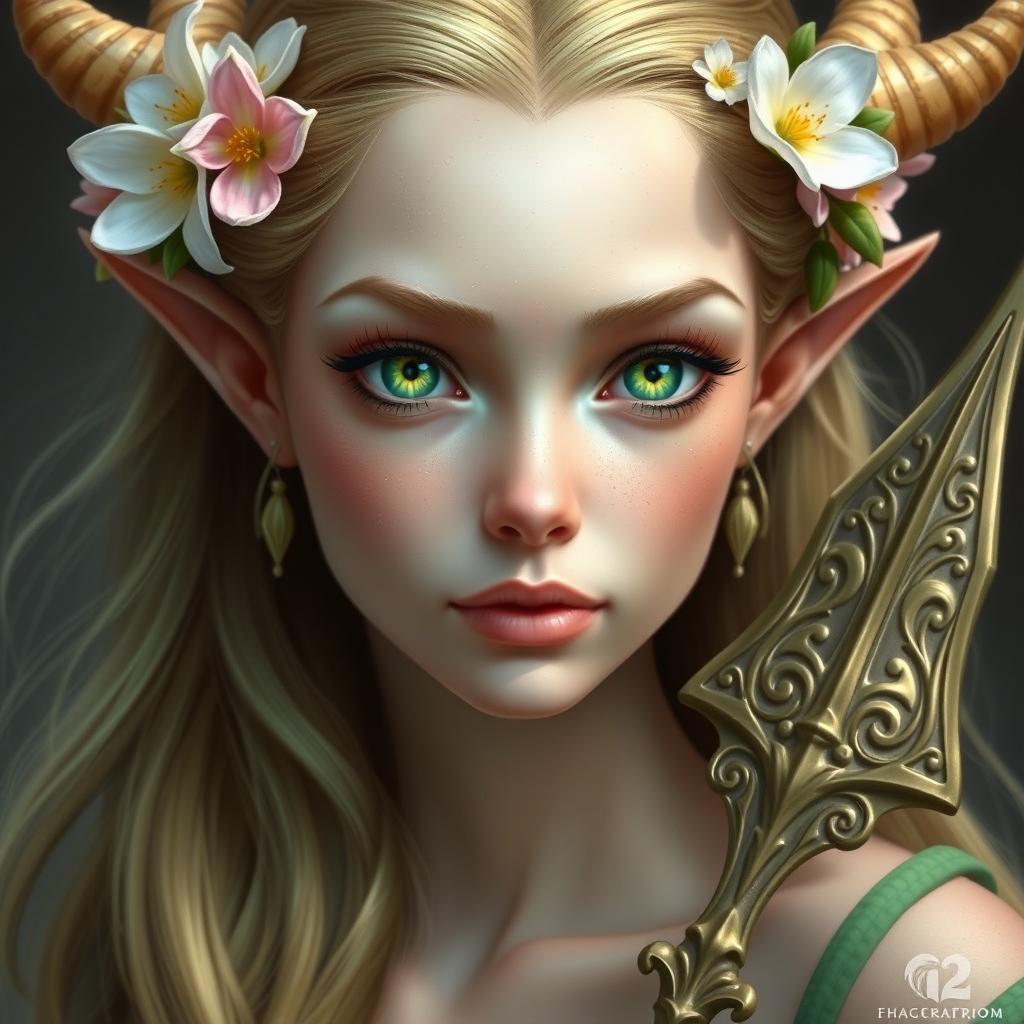 A headshot of a female Spring Eladrin, featuring delicate features and vibrant green eyes that reflect the beauty of spring