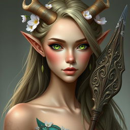 A headshot of a female Spring Eladrin, featuring delicate features and vibrant green eyes that reflect the beauty of spring