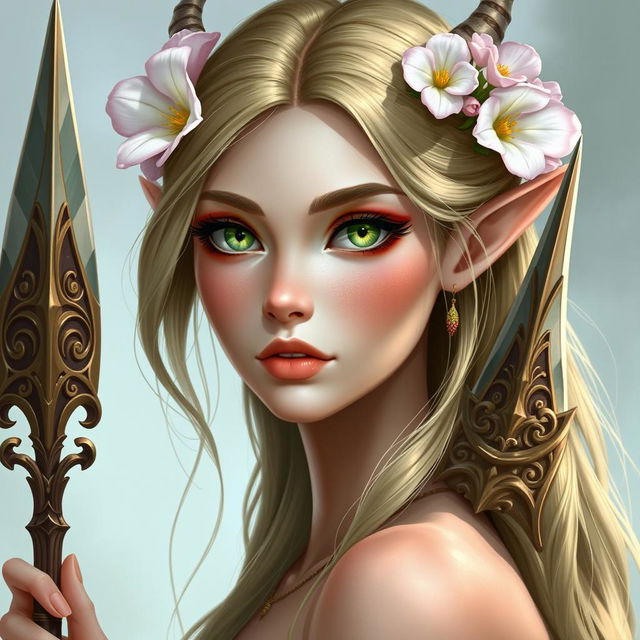 A headshot of a female Spring Eladrin, featuring delicate features and vibrant green eyes that reflect the beauty of spring