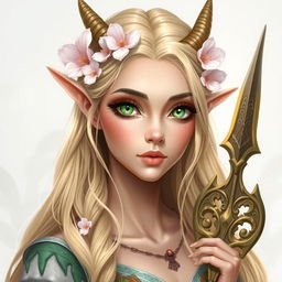 A headshot of a female Spring Eladrin, featuring delicate features and vibrant green eyes that reflect the beauty of spring