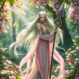A beautiful female Spring Eladrin standing gracefully in a vibrant, enchanted forest during springtime