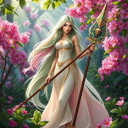 A beautiful female Spring Eladrin standing gracefully in a vibrant, enchanted forest during springtime