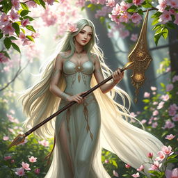A beautiful female Spring Eladrin standing gracefully in a vibrant, enchanted forest during springtime