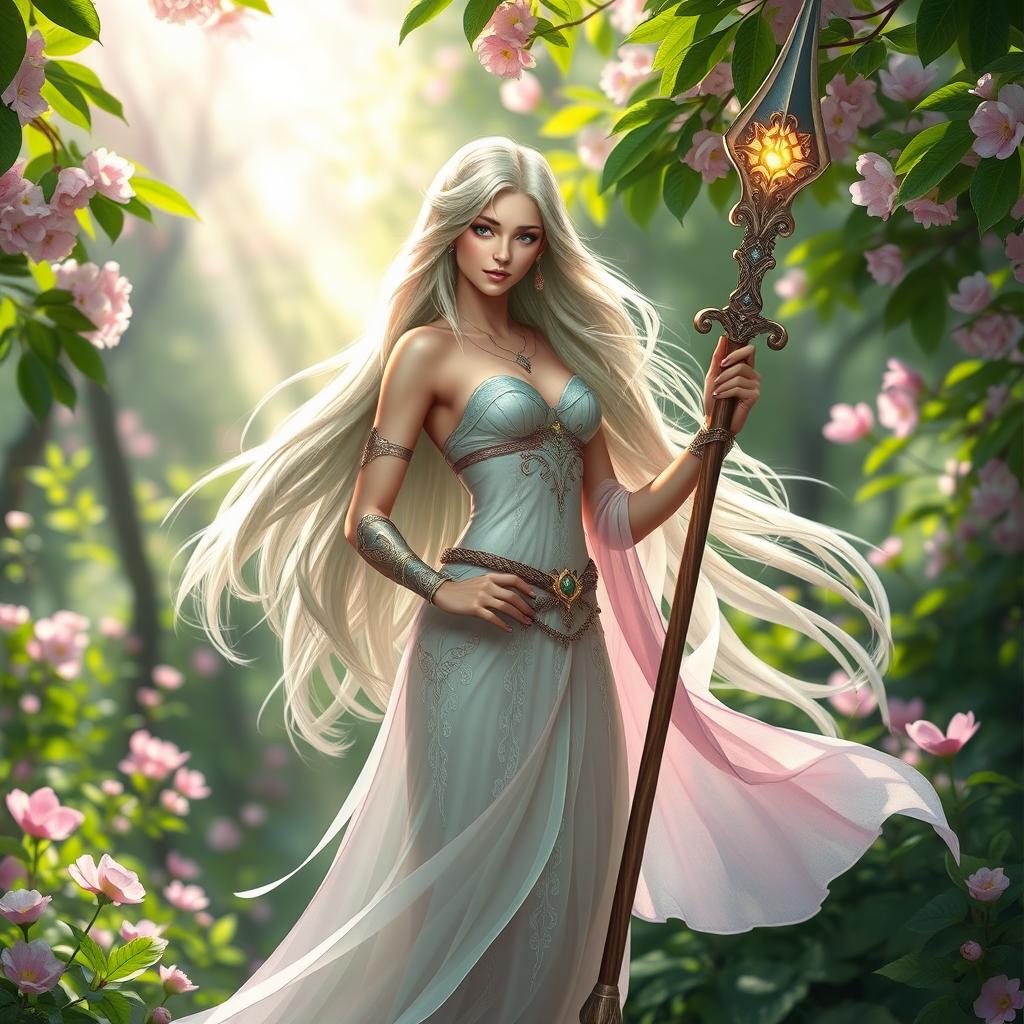 A beautiful female Spring Eladrin standing gracefully in a vibrant, enchanted forest during springtime