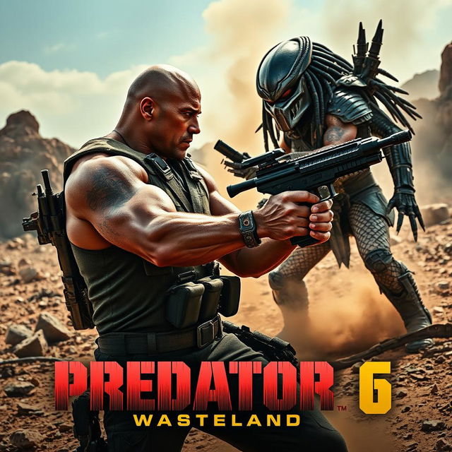 A dramatic promotional image for 'PREDATOR 6: Wasteland (2025)' featuring Dwayne Johnson facing off against a fearsome, aggressive Predator monster