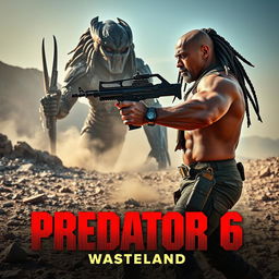 A dramatic promotional image for 'PREDATOR 6: Wasteland (2025)' featuring Dwayne Johnson facing off against a fearsome, aggressive Predator monster