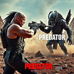 A dramatic promotional image for 'PREDATOR 6: Wasteland (2025)' featuring Dwayne Johnson facing off against a fearsome, aggressive Predator monster