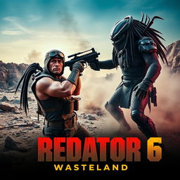 A dramatic promotional image for 'PREDATOR 6: Wasteland (2025)' featuring Dwayne Johnson facing off against a fearsome, aggressive Predator monster