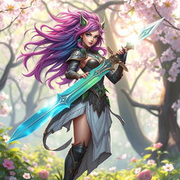 A female Spring Eladrin, characterized by her ethereal beauty and graceful movements