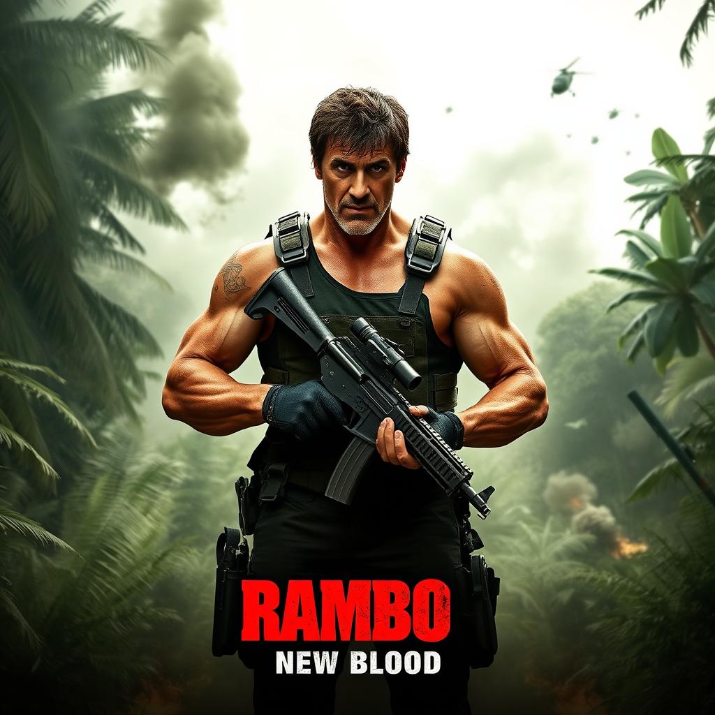 An exhilarating teaser poster for 'Rambo 6: New Blood' featuring Sylvester Stallone reprising his iconic role alongside Jon Bernthal