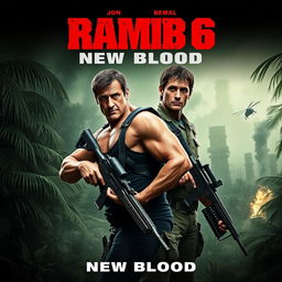 An exhilarating teaser poster for 'Rambo 6: New Blood' featuring Sylvester Stallone reprising his iconic role alongside Jon Bernthal