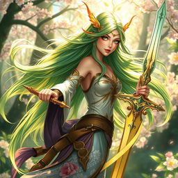 A stunning female Spring Eladrin warrior, gracefully poised with a beautifully crafted sword in hand