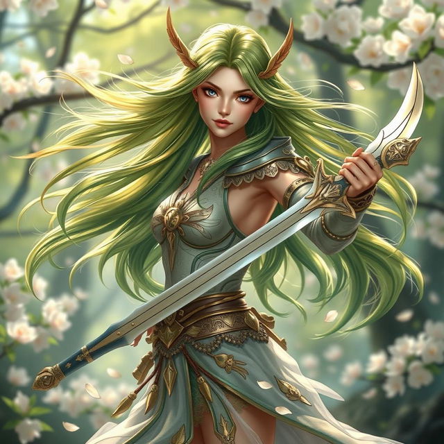 A stunning female Spring Eladrin warrior, gracefully poised with a beautifully crafted sword in hand