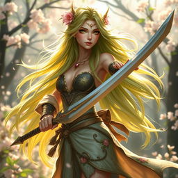 A stunning female Spring Eladrin warrior, gracefully poised with a beautifully crafted sword in hand