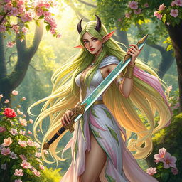 A female Spring Eladrin warrior standing gracefully in a vibrant, enchanted forest, holding a beautifully crafted sword