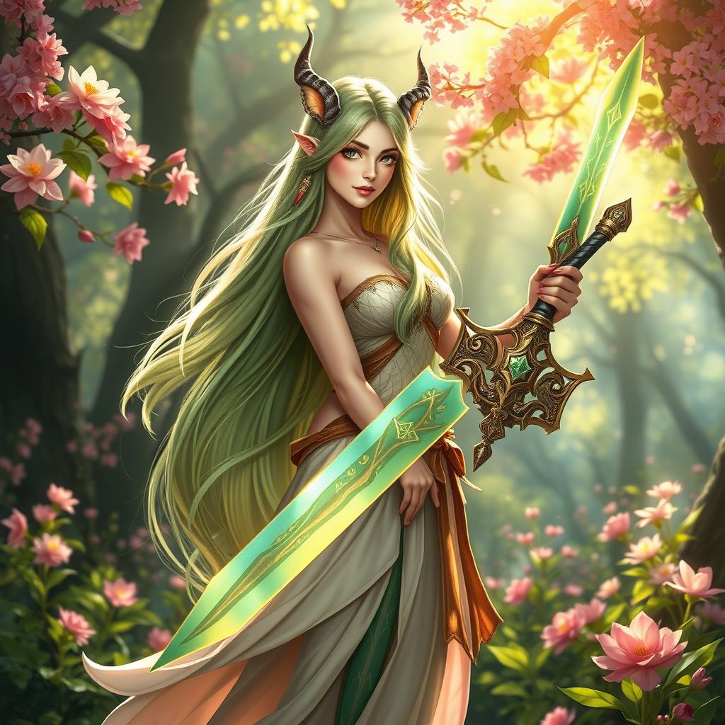 A female Spring Eladrin warrior standing gracefully in a vibrant, enchanted forest, holding a beautifully crafted sword