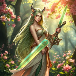 A female Spring Eladrin warrior standing gracefully in a vibrant, enchanted forest, holding a beautifully crafted sword