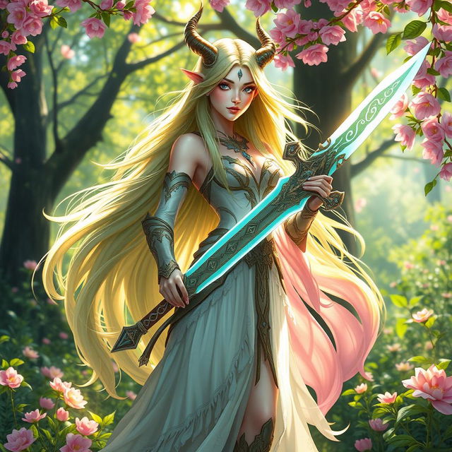 A female Spring Eladrin warrior standing gracefully in a vibrant, enchanted forest, holding a beautifully crafted sword