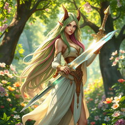 A female Spring Eladrin warrior standing gracefully in a vibrant, enchanted forest, holding a beautifully crafted sword