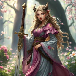A female Spring Eladrin warrior, standing gracefully, holding a beautifully crafted sword