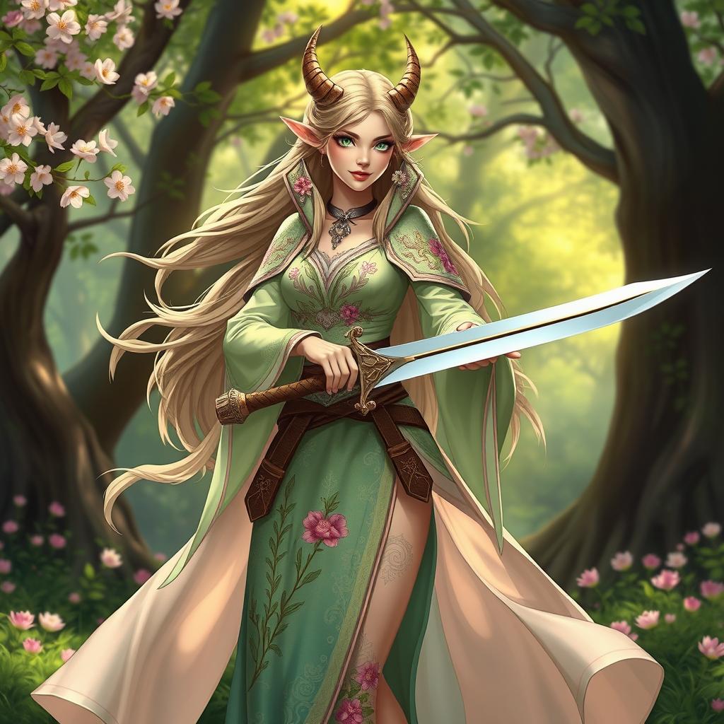 A female Spring Eladrin warrior, standing gracefully, holding a beautifully crafted sword