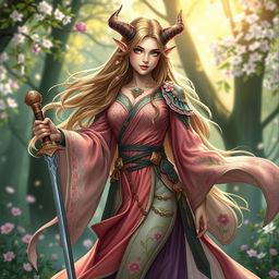 A female Spring Eladrin warrior, standing gracefully, holding a beautifully crafted sword