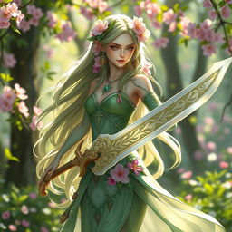 A female Spring Eladrin with ethereal beauty, characterized by vibrant green and floral motifs in her clothing that reflect the spring season