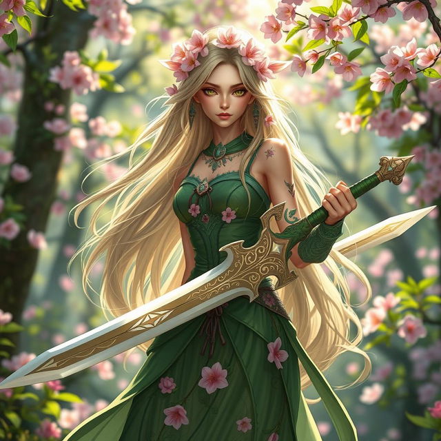 A female Spring Eladrin with ethereal beauty, characterized by vibrant green and floral motifs in her clothing that reflect the spring season