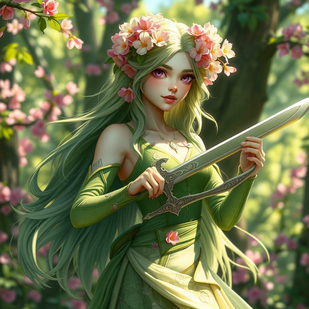 A female Spring Eladrin with ethereal beauty, characterized by vibrant green and floral motifs in her clothing that reflect the spring season