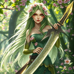 A female Spring Eladrin with ethereal beauty, characterized by vibrant green and floral motifs in her clothing that reflect the spring season