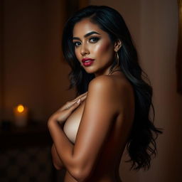 A sensual portrait of a confident, alluring woman standing gracefully in a softly lit environment