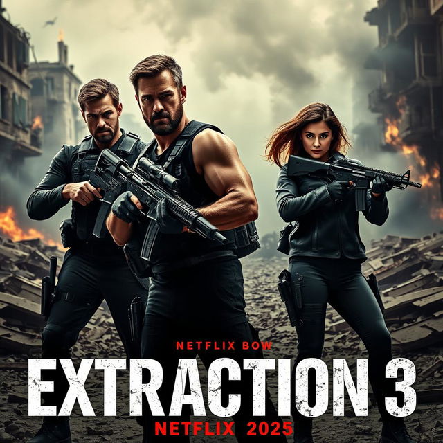 A thrilling promotional image for 'EXTRACTION 3 - Netflix 2025' featuring Chris Hemsworth, Idris Elba, and Golshifteh Farahani poised for a high-stakes rescue mission