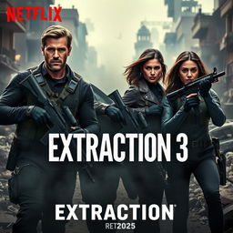 A thrilling promotional image for 'EXTRACTION 3 - Netflix 2025' featuring Chris Hemsworth, Idris Elba, and Golshifteh Farahani poised for a high-stakes rescue mission