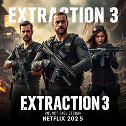 A thrilling promotional image for 'EXTRACTION 3 - Netflix 2025' featuring Chris Hemsworth, Idris Elba, and Golshifteh Farahani poised for a high-stakes rescue mission