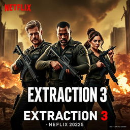 A thrilling promotional image for 'EXTRACTION 3 - Netflix 2025' featuring Chris Hemsworth, Idris Elba, and Golshifteh Farahani poised for a high-stakes rescue mission