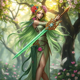 A stunning female Spring Eladrin, characterized by her vibrant floral-themed appearance, with radiant green and colorful floral accents in her flowing hair