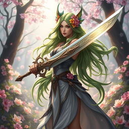 A stunning female Spring Eladrin, characterized by her vibrant floral-themed appearance, with radiant green and colorful floral accents in her flowing hair